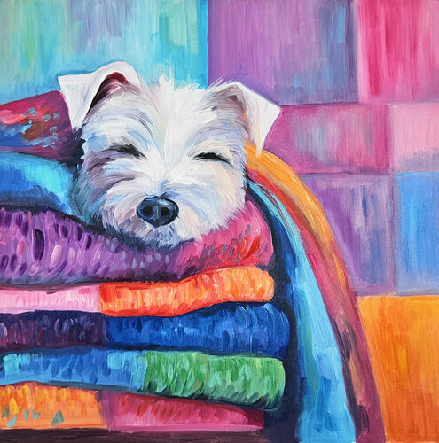 Joyful Rest. – Abstract Dog Portrait on Colorful Blankets von Tanya Ocean, Malerei kaufen auf Singulart