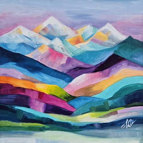 Echoes of a Forgotten Horizon. Colorful Mountain Landscape in Impressionistic Style. van Tanya Ocean, Schilderij te koop op Singulart