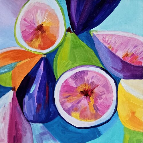 Glowing Figs. Vibrant still life – Colorful Abstract Fruit Painting de Tanya Ocean, Pintura a la venta en Singulart