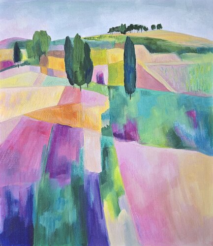 Colorful Abstract Landscape Artwork, Countryside Fields - Semi-Abstract Painting Tanya Ocean