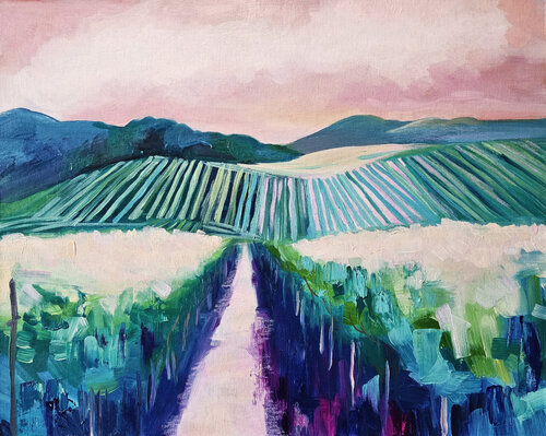 Lines of Light at Sunset. Abstract Vineyard Landscape Painting. Colorful Vineyard Wall Art by Tanya Ocean, 油畫 for Sale on Singulart