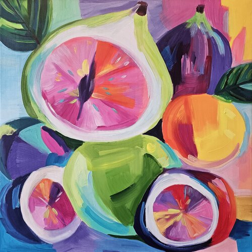 Colorful Figs Painting – Modern Abstract Still Life Wall Art by Tanya Ocean, Painting for Sale on Singulart
