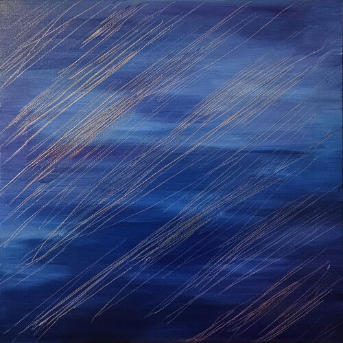 Rain Written in Gold. Abstract Blue Minimalist Painting. von Tanya Ocean, Malerei kaufen auf Singulart