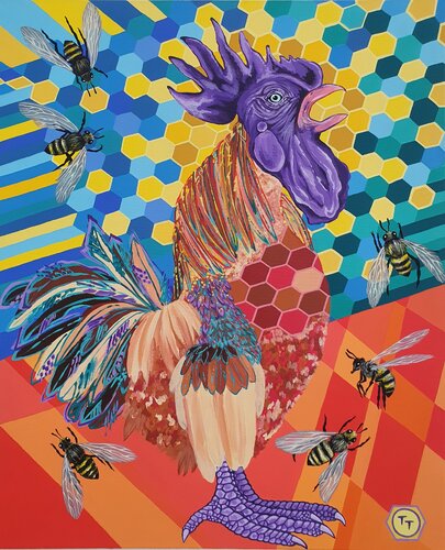 "Digital rooster with the rising sun " van Tornado Twins, Schilderij te koop op Singulart