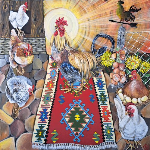 "The rooster of all hens" van Tornado Twins, Schilderij te koop op Singulart