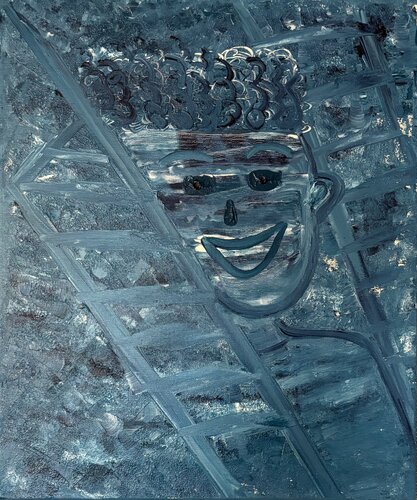 smiling man between ladders van Katja Dammhorst, Schilderij te koop op Singulart