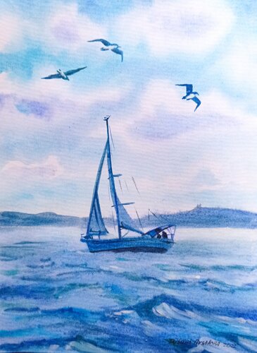 Lake with yacht van Tatiana Pouzanova-Galatch, Werk op papier te koop op Singulart