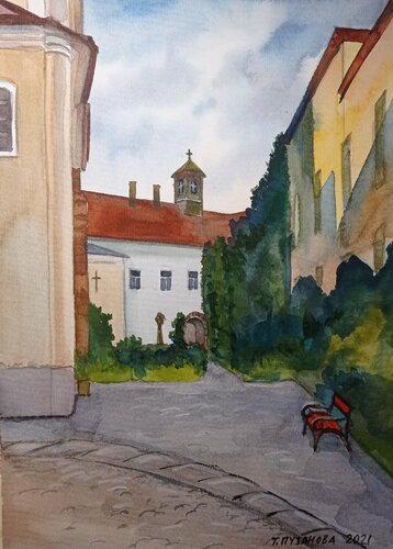 Church courtyard in Hungary von Tatiana Pouzanova-Galatch, Malerei kaufen auf Singulart
