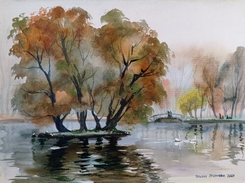 Swans, park in Gatchina, Russia van Tatiana Pouzanova-Galatch, Schilderij te koop op Singulart