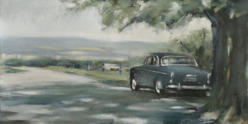 Volvo Amazon in landchap I di Oscar Spierenburg, Pittura in vendita su Singulart