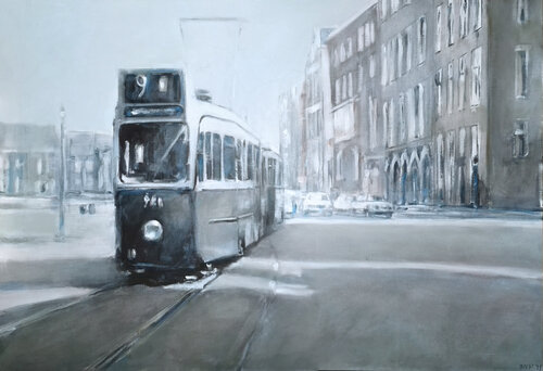 Tram in schaduwspel di Oscar Spierenburg, Pittura in vendita su Singulart