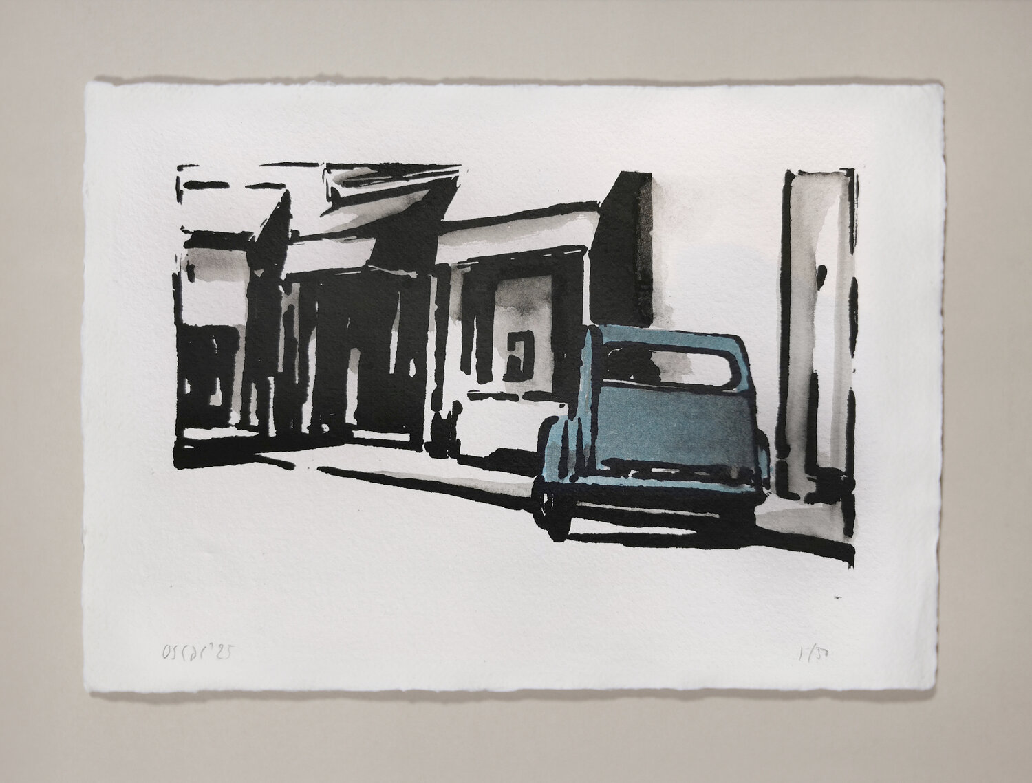 2cv in stille straat Oscar Spierenburg Werk auf Papier zu verkaufen