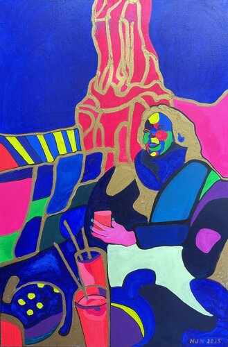 Apéritif sur la terrace de la Casa Batlo à Barcelone di Nicolas Jais-Nielsen, Pittura in vendita su Singulart