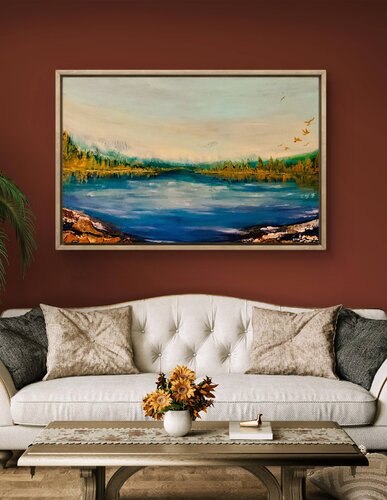 Golden Trees and Blue Sea- Abstract Unframed di Sonali Jain, Pittura in vendita su Singulart