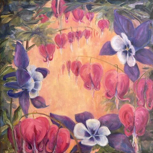 Bleeding Hearts & Columbine by Deirdre Dyson, Painting for Sale on Singulart