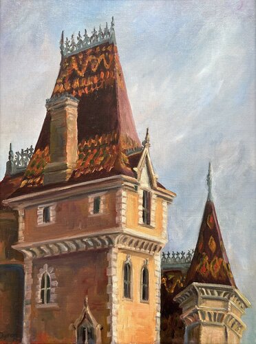 Burgundy Tile Roof, Chateau Rochetaille, France by Deirdre Dyson, Painting for Sale on Singulart