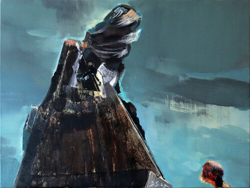 Nick und die plötzliche Windböe (Hommage a Nick, aus dem YouTube Kanal, "Escape to rural France") di Bernd Schlothauer, Pittura in vendita su Singulart