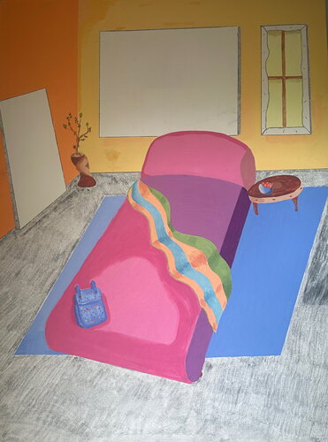 Blue Backpack on Pink Duvet de Brad Chisholm, Pintura a la venta en Singulart