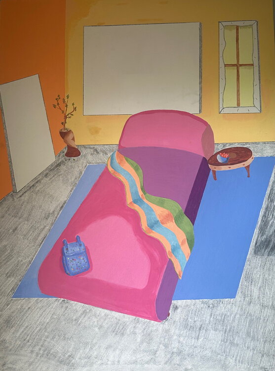 Blue Backpack on Pink Duvet Brad Chisholm