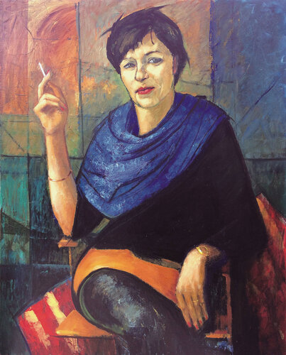 WOMAN WITH A BLUE SCARF [31.5" x 39.3"] par Jemal (Džemal) Gugunava, Peinture en vente sur Singulart