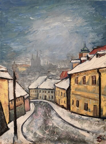 WINTER CITY WITH CATHEDRAL IN THE DISTANCE [15.7" x 11.8"] di Jemal (Džemal) Gugunava, Pittura in vendita su Singulart