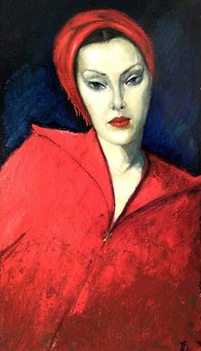WEARING RED [17.7" x 31.5"] van Jemal (Džemal) Gugunava, Schilderij te koop op Singulart