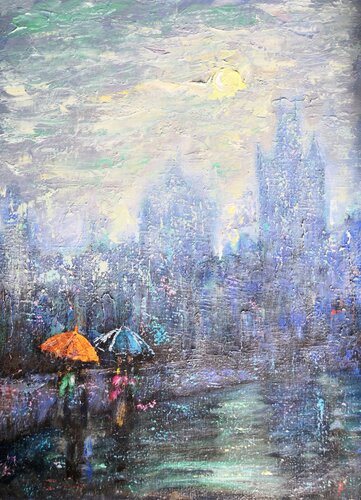 CHATTING IN THE RAIN [23.6" x 17.7"] di Jemal (Džemal) Gugunava, Pittura in vendita su Singulart