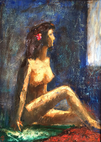 MODEL WITH CHINA ROSE [15.7" x 11.8"] by Jemal (Džemal) Gugunava, Painting for Sale on Singulart