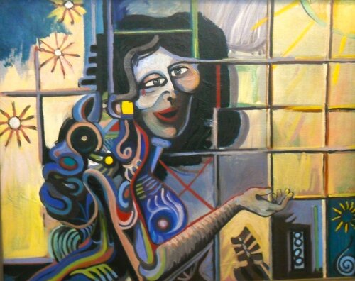 " same woman with gifts " di michael cox, Pittura in vendita su Singulart