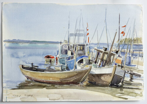 Fischerboote am Strand von Rerik, 2001 von Volker Koy, Malerei kaufen auf Singulart