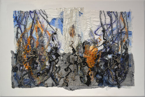 Komposition Blau Orange von Anke Pradel-Schönknecht, Textil kaufen auf Singulart