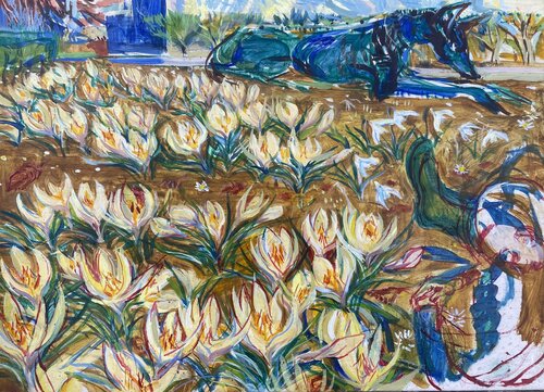 Crocus lawn with lurcher von Phoebe Cope, Malerei kaufen auf Singulart