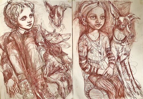 Children and Dog  in Red Chalk von Phoebe Cope, Zeichnungen kaufen auf Singulart