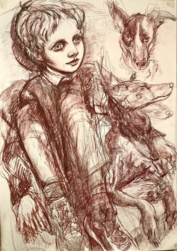 Boy & Dog in Red Chalk di Phoebe Cope, Disegno in vendita su Singulart