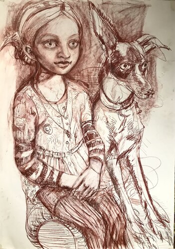 Girl & Dog in Red Chalk di Phoebe Cope, Disegno in vendita su Singulart