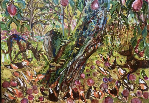 Red Admirals on Victorias with Dog di Phoebe Cope, Pittura in vendita su Singulart