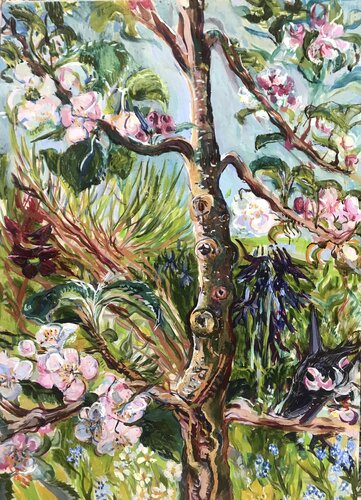 James Grieve Apple Blossom with Black Lurcher par Phoebe Cope, Peinture en vente sur Singulart
