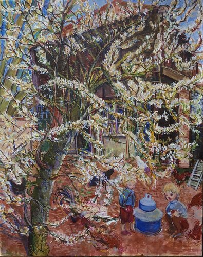 Damson plum tree with chickens von Phoebe Cope, Malerei kaufen auf Singulart