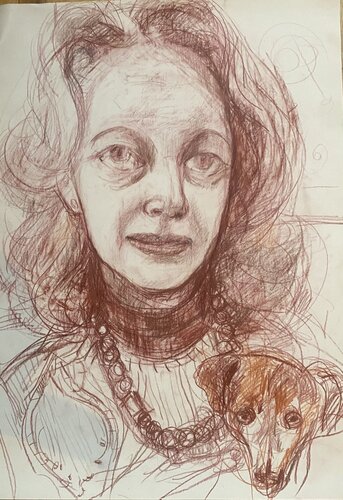 Pam avec chien  (Portrait Commission) von Phoebe Cope, Zeichnungen kaufen auf Singulart