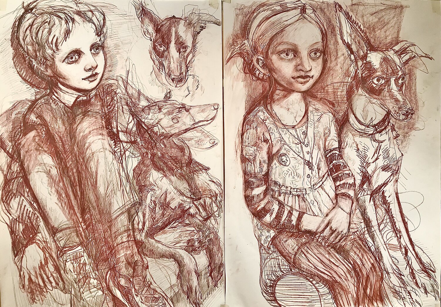 Children and Dog  in Red Chalk Phoebe Cope