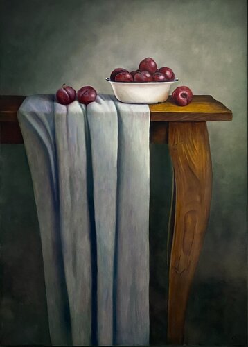 Tafel met pruimen, Table with plums von Lianne van der Plaat, Malerei kaufen auf Singulart