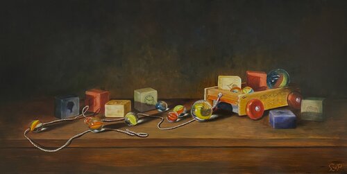 Blokkenkar met knikkers I, Blocks and marbles I by Lianne van der Plaat, 회화 for Sale on Singulart