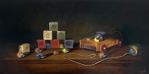 Blokkenkar met knikkers II, Blocks and marbles II von Lianne van der Plaat, Malerei kaufen auf Singulart