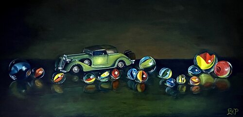 Oldtimer met knikkers, Vintage ride and marbles von Lianne van der Plaat, Malerei kaufen auf Singulart