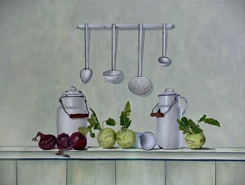 Wit emaille met koolrabi, White enamel and kohlrabi von Lianne van der Plaat, Malerei kaufen auf Singulart