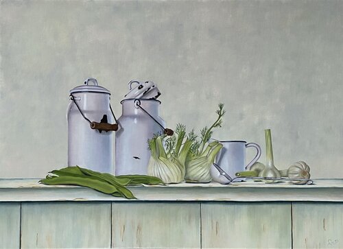 Wit emaille met venkel, White enamel with fennel von Lianne van der Plaat, Malerei kaufen auf Singulart