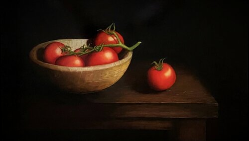 Tomaten in houten nap, Tomatoes in a wooden bowl von Lianne van der Plaat, Malerei kaufen auf Singulart