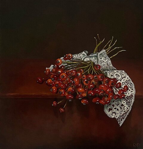 Rozenbottels met kant, Rose hips and lace van Lianne van der Plaat, Schilderij te koop op Singulart