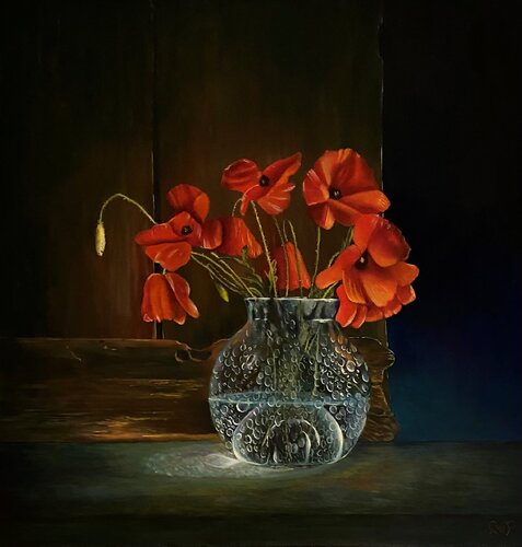 Klaprozen in belletjesglas, Poppies in bubble glass van Lianne van der Plaat, Schilderij te koop op Singulart