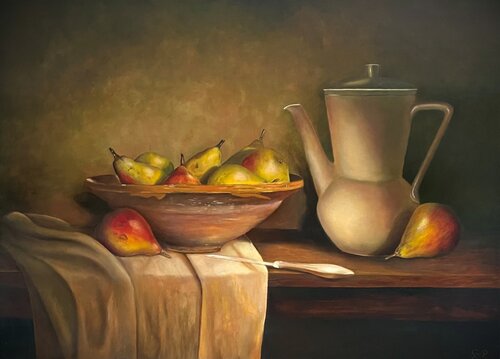 Koffiekan met peren, Coffee pot with pears von Lianne van der Plaat, Malerei kaufen auf Singulart